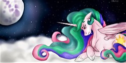 Size: 1280x647 | Tagged: safe, artist:colourssx, princess celestia, alicorn, pony, g4, cloud, crying, female, mare in the moon, moon, night, solo
