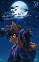 Size: 897x1400 | Tagged: safe, artist:margony, oc, oc only, unicorn, vampire, anthro, anthro oc, clothes, commission, eyes closed, fangs, female, full moon, hug, male, mare, moon, night, night sky, smiling, stallion, stars