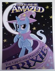 Size: 736x955 | Tagged: artist needed, source needed, safe, trixie, pony, unicorn, g4, bipedal, cape, clothes, confident, female, happy, hat, mare, poster, san diego comic con, sdcc 2014, smiling, solo, trixie's cape, trixie's hat