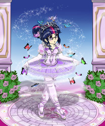 Size: 2500x3000 | Tagged: safe, artist:avchonline, sci-twi, twilight sparkle, bird, butterfly, human, equestria girls, g4, ballerina, ballet, ballet slippers, blushing, canterlot royal ballet academy, clothes, cute, dress, engrish in the description, evening gloves, female, flower, glasses, gloves, hello kitty, high res, humanized, jewelry, long gloves, magic, pantyhose, puffy sleeves, rose, sanrio, solo, sparkles, tiara, tutu, twiabetes