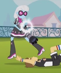 Size: 379x454 | Tagged: safe, screencap, photo finish, teddy t. touchdown, equestria girls, g4, photo finished, american football, boots, camera, clothes, cropped, fence, glasses, high heel boots, skirt, soccer field, socks, sunglasses