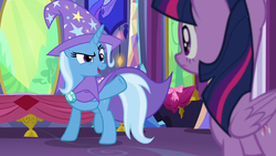 Size: 1280x720 | Tagged: safe, trixie, twilight sparkle, alicorn, pony, g4, no second prances, twilight sparkle (alicorn)