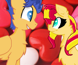 Size: 706x587 | Tagged: safe, artist:domithefox, flash sentry, sunset shimmer, pegasus, pony, unicorn, g4, female, male, ship:flashimmer, shipping, straight