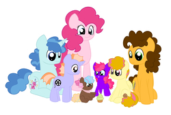 Size: 3500x2353 | Tagged: safe, artist:queenderpyturtle, cheese sandwich, party favor, pinkie pie, oc, oc:butternut, oc:confetti burst, oc:polka party, oc:strawberry shortcake surprise, earth pony, pegasus, pony, unicorn, g4, alternate universe, bisexual, cheesefavor, colt, family, female, filly, gay, high res, magical gay spawn, magical threesome spawn, male, offspring, parent:cheese sandwich, parent:party favor, parent:pinkie pie, parents:cheesefavor, parents:cheesepie, parents:partycheesepie, parents:partypie, party trio, partycheesepie, polyamory, ship:cheesepie, ship:partypie, shipping, simple background, straight, white background