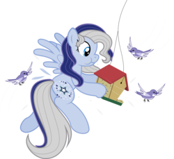 Size: 4478x4107 | Tagged: safe, artist:sollace, silver glow, bird, pegasus, pony, fanfic:silver glow's journal, g3, g4, absurd resolution, bird feeder, chickadee (bird), eating, fanfic art, feather, female, flying, g3 to g4, generation leap, mare, scrunchy face, show accurate, simple background, solo, stealing, transparent background, vector