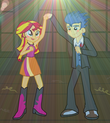 Size: 1245x1394 | Tagged: safe, artist:majkashinoda626, flash sentry, sunset shimmer, equestria girls, g4, antagonist, boots, boutonnière, canterlot high, castle, clothes, confetti, dancing, disco, dress shirt, fall formal outfits, female, flower, formal, formal attire, formal dress, formal wear, gym, gymnasium, halloween, halloween party, high heel boots, holiday, male, nightmare night, pants, ship:flashimmer, shipping, shoes, short dress, skirt, slacks, sleeveless dress, straight, streamers, suit, tuxedo, vest, waistcoat, window