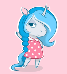 Size: 725x801 | Tagged: safe, artist:askbubblelee, oc, oc only, oc:bubble lee, pony, unicorn, semi-anthro, animal crossing, clothes, crossover, curved horn, cute, dress, female, freckles, horn, lidded eyes, mare, simple background, smiling, solo