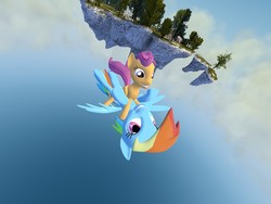 Size: 1280x960 | Tagged: safe, rainbow dash, scootaloo, g4, 3d, flying, gmod, scootalove