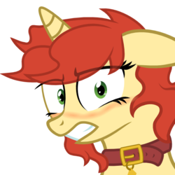 Size: 512x512 | Tagged: safe, artist:the smiling pony, oc, oc only, oc:velvet pastry, pony, unicorn, g4, .svg available, blushing, bust, collar, derpibooru badge, floppy ears, grimace, gritted teeth, looking at you, portrait, shrunken pupils, simple background, solo, svg, transparent background, vector