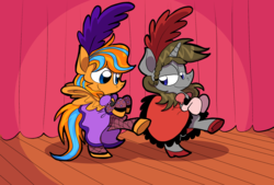 Size: 1748x1181 | Tagged: safe, artist:joeywaggoner, oc, oc only, oc:cold front, oc:disty, pegasus, pony, unicorn, burlesque, clothes, crossdressing, dancing, feather, gay, gloves, high heels, looking at each other, male, saloon dress, shipping, skirt, skirt lift, smiling, stockings, thigh highs, trap