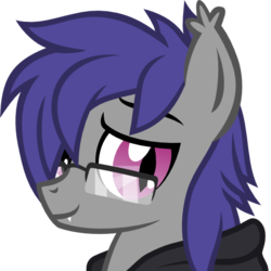 Size: 512x512 | Tagged: safe, artist:the smiling pony, oc, oc only, oc:dusk rhine, bat pony, pony, g4, .svg available, bust, clothes, derpibooru badge, glasses, hoodie, portrait, simple background, smiling, solo, svg, transparent background, vector