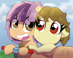 Size: 3000x2364 | Tagged: safe, artist:marukouhai, oc, oc only, oc:euli, oc:skipper, pegasus, pony, aunt and niece, female, filly, high res, offspring, parent:featherweight, parent:scootaloo, parents:scootaweight, scooter