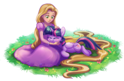 Size: 1807x1188 | Tagged: safe, artist:dawnfire, twilight sparkle, alicorn, human, pony, g4, clothes, commission, crossover, cute, daaaaaaaaaaaw, disney, dress, eyes closed, rapunzel, simple background, smiling, tangled (disney), transparent background, twiabetes, twilight sparkle (alicorn)