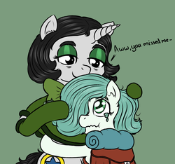 Size: 1280x1200 | Tagged: safe, artist:ficficponyfic, artist:hipsanon, color edit, edit, oc, oc only, oc:emerald jewel, oc:joyride, pony, colt quest, color, colored, colt, crying, cute, cyoa, eyeshadow, female, foal, hug, makeup, male, mare, wavy mouth