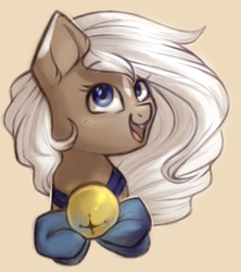 Size: 1243x1397 | Tagged: safe, artist:segraece, oc, oc only, oc:cocoa almond, earth pony, pony, bell, bell collar, bow, collar, cute, digital art, female, looking at you, mare, neck bow, ocbetes, open mouth, simple background, solo