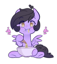 Size: 640x716 | Tagged: safe, artist:jankrys00, oc, oc only, pegasus, pony, bowl, chopsticks, commission, eating, food, heart, noodles, simple background, solo, transparent background