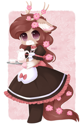 Size: 600x892 | Tagged: safe, artist:exceru-karina, oc, oc only, oc:charity, deer, anthro, clothes, coffee, dress, flower, maid, solo
