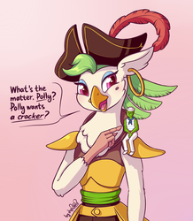 Size: 1280x1471 | Tagged: safe, artist:dsp2003, captain celaeno, oc, oc:anon, human, anthro, g4, my little pony: the movie, blushing, female, human male, macro, male, micro, pirate, role reversal, unamused