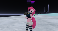 Size: 1920x1018 | Tagged: safe, artist:jojobibou, pinkie pie, earth pony, anthro, g4, 3d, belly button, breasts, clothes, female, midriff, pleated skirt, second life, skirt, socks, solo, striped socks, thigh highs, zettai ryouiki