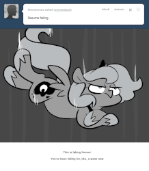 Size: 666x763 | Tagged: safe, artist:egophiliac, princess luna, pony, moonstuck, g4, animated, ask, falling, female, filly, gif, luna is not amused, monochrome, partial color, solo, tumblr, unamused, woona, younger