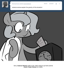 Size: 666x763 | Tagged: safe, artist:egophiliac, princess luna, pony, moonstuck, g4, ask, clothes, female, filly, lab coat, monochrome, partial color, punch clock, science woona, solo, tumblr, woona, younger