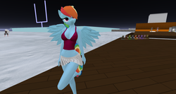 Size: 1920x1018 | Tagged: safe, artist:jojobibou, rainbow dash, anthro, unguligrade anthro, g4, 3d, belly button, clothes, female, midriff, pleated skirt, second life, shirt, skirt, skirt lift, solo, tank top