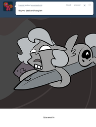 Size: 666x876 | Tagged: safe, artist:egophiliac, princess luna, pony, moonstuck, g4, cartographer's surfboard, clinging, female, filly, marauder's mantle, monochrome, open mouth, partial color, screaming, solo, tongue out, tumblr, tumblr comic, woona, woonoggles, younger