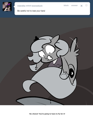 Size: 666x876 | Tagged: safe, artist:egophiliac, princess luna, pony, moonstuck, g4, ask, cartographer's surfboard, female, filly, flying, lunar stone, marauder's mantle, monochrome, partial color, solo, tumblr, wide eyes, woona, younger