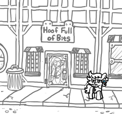 Size: 640x600 | Tagged: safe, artist:ficficponyfic, oc, oc only, oc:ruby rouge, earth pony, pony, colt quest, belt, building, clothes, cyoa, door, ear piercing, earring, female, filly, foal, jewelry, monochrome, piercing, shop, sidewalk, sign, solo, story included, trash can, window