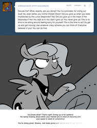 Size: 666x881 | Tagged: safe, artist:egophiliac, princess luna, pony, moonstuck, g4, ask, cartographer's floating island, female, filly, monochrome, partial color, solo, tumblr, woona, younger