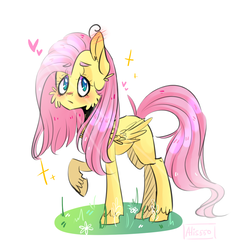 Size: 1200x1200 | Tagged: safe, artist:alis550, fluttershy, pony, g4, blushing, cheek fluff, female, folded wings, looking at you, raised hoof, simple background, solo, standing, unshorn fetlocks, white background