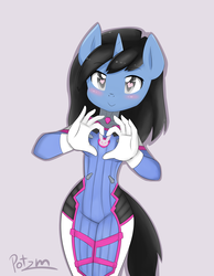 Size: 3500x4500 | Tagged: safe, artist:potzm, oc, oc only, oc:tinker doo, unicorn, anthro, clothes, cosplay, costume, d.va, female, heart eyes, high res, mare, overwatch, rule 63, solo, wingding eyes