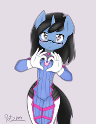 Size: 3500x4500 | Tagged: safe, artist:potzm, oc, oc only, oc:tinker doo, unicorn, anthro, clothes, cosplay, costume, d.va, female, glasses, heart eyes, high res, mare, overwatch, rule 63, solo, wingding eyes