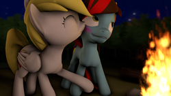 Size: 3840x2160 | Tagged: safe, artist:fiopon, oc, oc only, oc:fiopon, 3d, blushing, campfire, cheek kiss, fire, gay, high res, holding hooves, kissing, log, male, night, outdoors, source filmmaker
