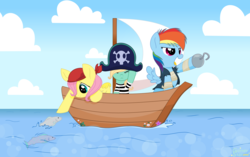 Size: 5816x3664 | Tagged: safe, artist:glitterstar2000, fluttershy, rainbow dash, zephyr breeze, fish, g4, absurd resolution, boat, clothes, colt, female, filly, filly fluttershy, filly rainbow dash, hat, hook, hook hoof, male, pirate, pirate dash, pirate fluttershy, pirate hat, sailing, story included, trio, water, younger