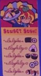 Size: 204x372 | Tagged: safe, sunset shimmer, equestria girls, g4, clothes, cute, doll, equestria girls minis, female, food, hairpin, happi, irl, looking at you, one eye closed, onigiri, photo, serving tray, shimmerbetes, smiling, sunset sushi, sushi, toy, wink