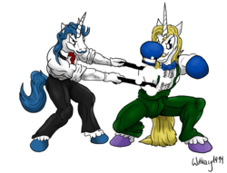 Size: 1024x781 | Tagged: safe, artist:witkacy1994, fancypants, prince blueblood, anthro, unguligrade anthro, g4, crossover, dudley, eagle (street fighter), simple background, street fighter, transparent background