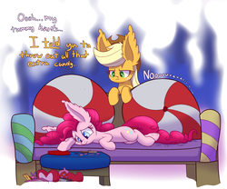 Size: 1500x1250 | Tagged: safe, artist:heir-of-rick, applejack, pinkie pie, earth pony, pony, daily apple pony, g4, candy, couch, dialogue, food, impossibly large ears, sick