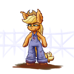 Size: 1500x1500 | Tagged: safe, artist:heir-of-rick, applejack, earth pony, pony, daily apple pony, g4, bipedal, female, frown, impossibly large ears, mud, overalls, solo