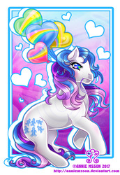 Size: 688x1000 | Tagged: safe, artist:anniemsson, gingerbread, earth pony, pony, twinkle eyed pony, g1, 2017, balloon, blushing, female, heart, heart balloon, mouth hold, obtrusive watermark, passepartout, rearing, solo, watermark