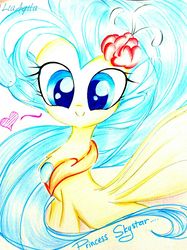 Size: 958x1280 | Tagged: safe, artist:liaaqila, princess skystar, seapony (g4), g4, my little pony: the movie, cute, female, floating heart, heart, looking at you, skyabetes, smiling, solo, traditional art