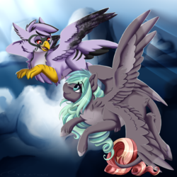Size: 1024x1024 | Tagged: safe, artist:crecious, oc, oc only, griffon, pegasus, pony, commission, duo, female, flying, looking at each other, mare, multiple wings, smiling