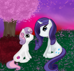 Size: 949x910 | Tagged: safe, artist:silversthreads, rarity, sweetie belle, pony, unicorn, g4, female, filly, mare, sunset
