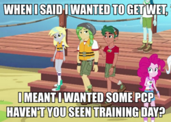 Size: 702x500 | Tagged: safe, edit, edited screencap, screencap, derpy hooves, pinkie pie, sandalwood, timber spruce, equestria girls, g4, my little pony equestria girls: legend of everfree, background human, drugs, eco kid insults, image macro, meme