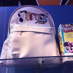 Size: 640x640 | Tagged: safe, applejack, fluttershy, pinkie pie, rainbow dash, rarity, twilight sparkle, g4, my little pony: the movie, backpack, escote, irl, mane six, merchandise, photo, toy fair, toy fair 2017