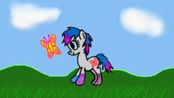 Size: 1024x576 | Tagged: safe, artist:pizzamovies, oc, oc only, oc:couh, butterfly, pony, cloud, digital art, edgy, female, simple background, solo