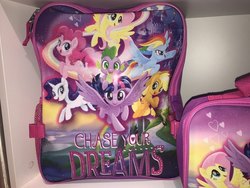 Size: 1200x900 | Tagged: safe, applejack, fluttershy, pinkie pie, rainbow dash, rarity, spike, twilight sparkle, alicorn, dragon, earth pony, pegasus, pony, unicorn, g4, my little pony: the movie, backpack, irl, lunchbox, mane seven, mane six, merchandise, photo, twilight sparkle (alicorn)