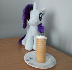 Size: 1652x1600 | Tagged: safe, rarity, pony, unicorn, g4, 4de, desk, female, food, irl, mare, photo, plate, plushie, rarity looking at food, roll, solo, waifu dinner