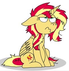 Size: 1024x1052 | Tagged: safe, artist:numbuh-27, sunset shimmer, alicorn, pony, g4, alicornified, female, grumpy, pregnant, race swap, shimmercorn, simple background, sitting, solo, white background