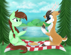 Size: 1300x1000 | Tagged: safe, artist:lcpegasister75, oc, oc only, oc:tyandaga, unnamed oc, pegasus, pony, cookie, duo, food, pronghorn, that deer sure does love cookies